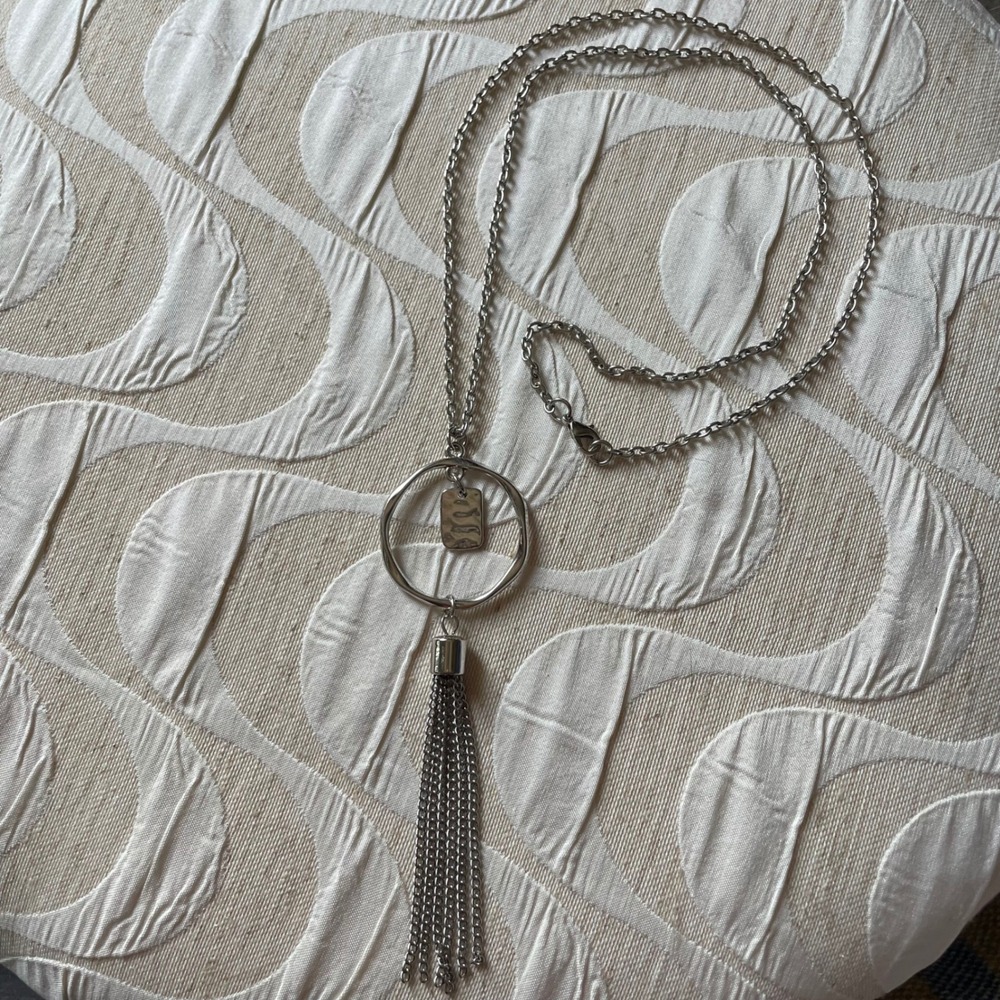 Silver Tone Geometric Circle Tassel long circular Pendant Necklace
